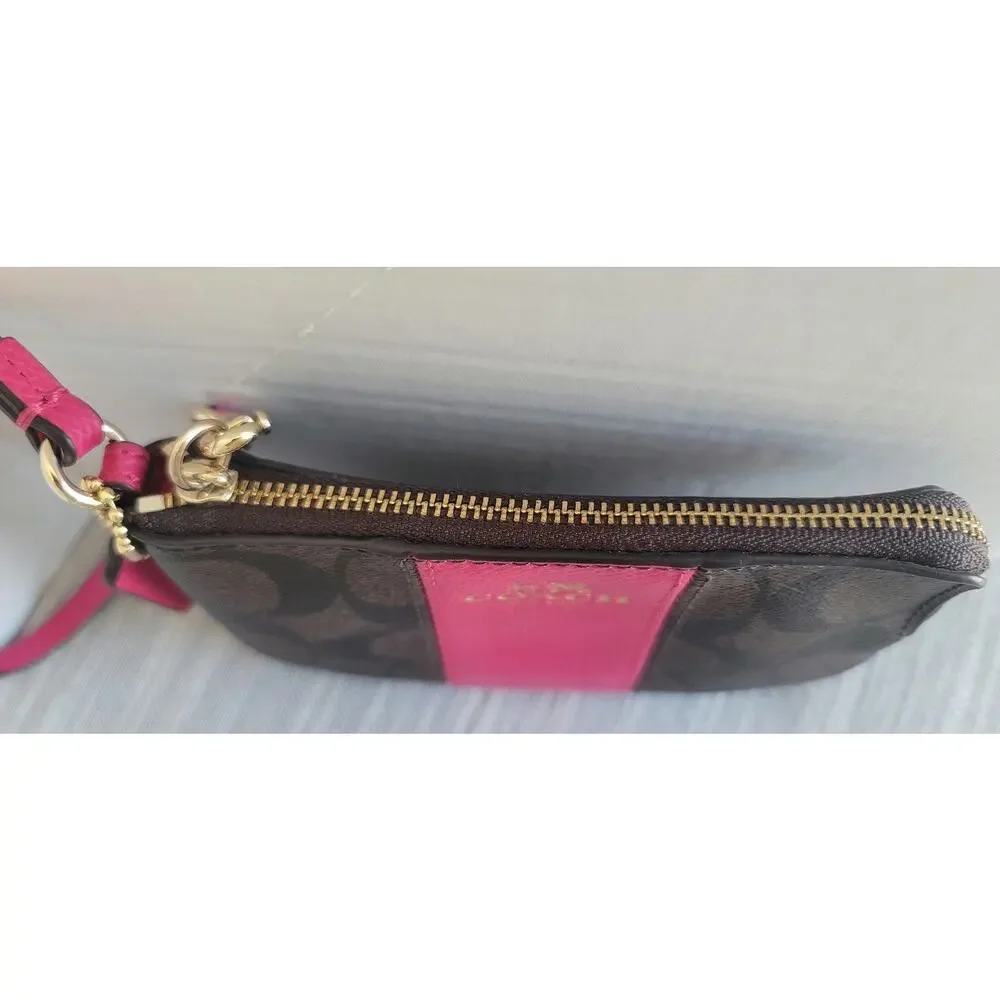 Coach Corner Zip Wristlet Signature Brown Canvas Fuchsia Leather Stripe & Strap